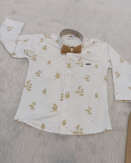 BOYS SET CORD-A309 Boys Beige Corduroy Pant, Printed Shirt, Bow Tie & Cap Party Wear Set
