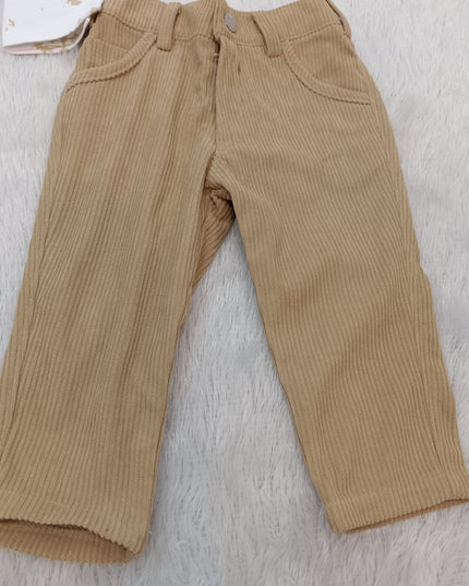 BOYS SET CORD-A309 Boys Beige Corduroy Pant, Printed Shirt, Bow Tie & Cap Party Wear Set