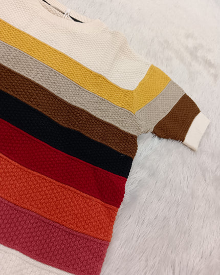 BOYS TSHIRT CODE-A316 Multicolor Striped Knit Sweater for Boys | Stylish Half Sleeve Pullover