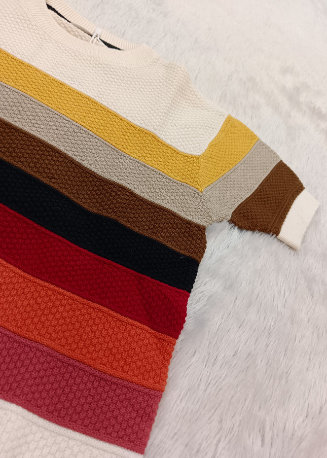BOYS TSHIRT CODE-A316 Multicolor Striped Knit Sweater for Boys | Stylish Half Sleeve Pullover