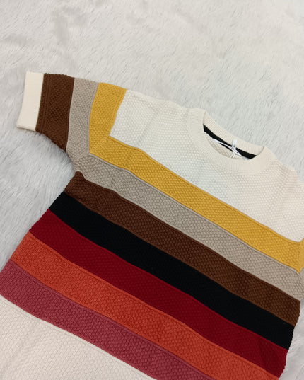 BOYS TSHIRT CODE-A316 Multicolor Striped Knit Sweater for Boys | Stylish Half Sleeve Pullover