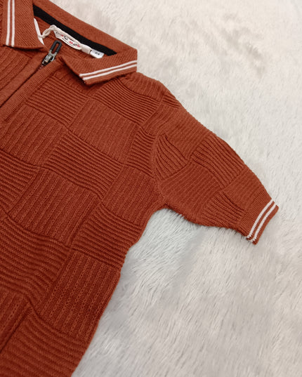 BOYS TSHIRT CODE-A317 Boys Rust Textured Knit Polo T-Shirt | Half Sleeve Casual Top