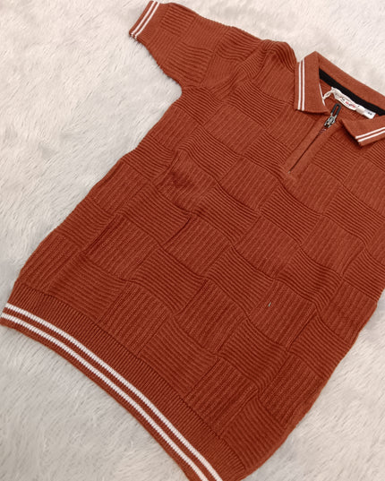 BOYS TSHIRT CODE-A317 Boys Rust Textured Knit Polo T-Shirt | Half Sleeve Casual Top