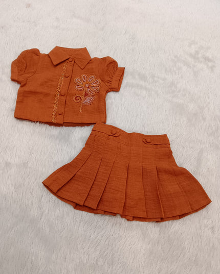 GIRLS SET CODE-A332 Girls Rust Orange Embroidered Shirt & Pleated Skirt Set | Stylish Co-Ord Outfit