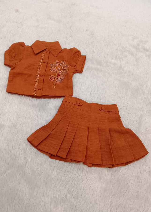 GIRLS SET CODE-A332 Girls Rust Orange Embroidered Shirt & Pleated Skirt Set | Stylish Co-Ord Outfit