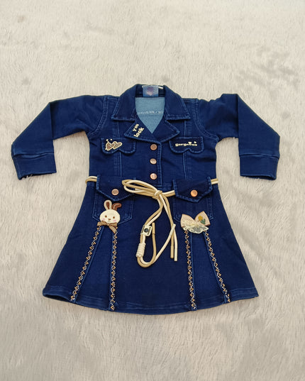 GIRLS MIDI CODE-A326 Girls Navy Blue Denim Dress | Stylish Full Sleeve Frock Dress for Kids