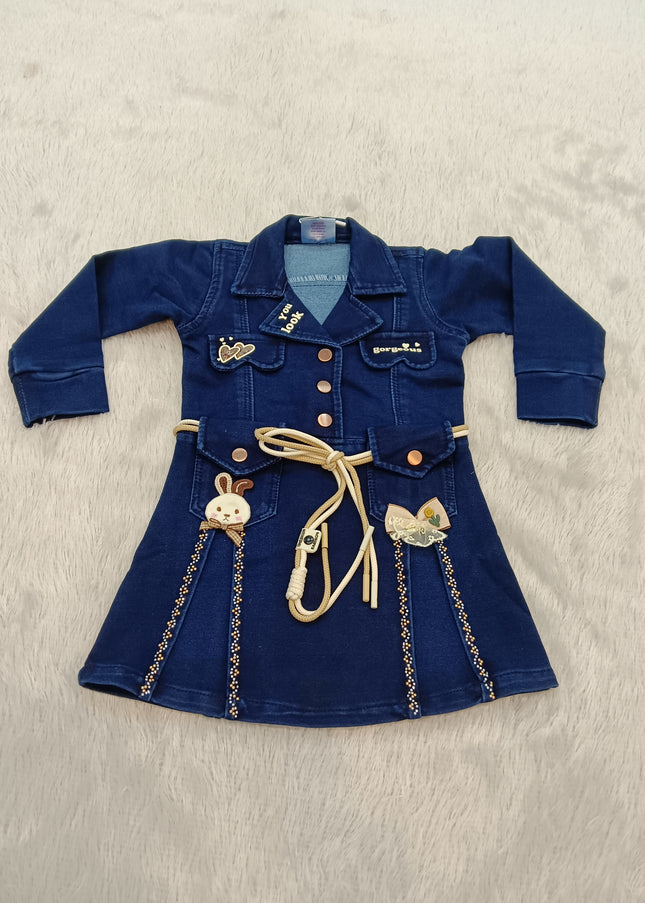GIRLS MIDI CODE-A326 Girls Navy Blue Denim Dress | Stylish Full Sleeve Frock Dress for Kids