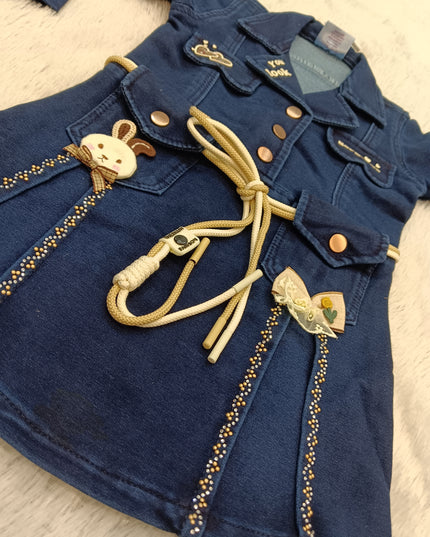GIRLS MIDI CODE-A326 Girls Navy Blue Denim Dress | Stylish Full Sleeve Frock Dress for Kids