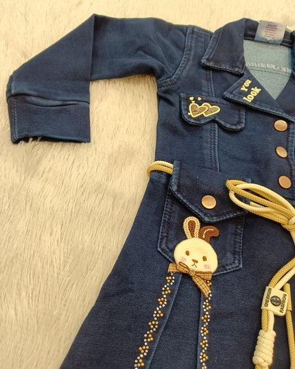 GIRLS MIDI CODE-A326 Girls Navy Blue Denim Dress | Stylish Full Sleeve Frock Dress for Kids