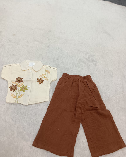 GIRLS SET CODE-A334 Girls Cream Floral Embroidered Shirt with Brown Wide-Leg Pants Set