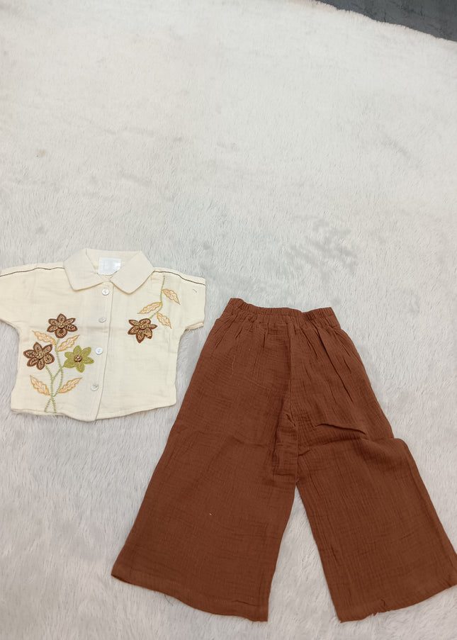 GIRLS SET CODE-A334 Girls Cream Floral Embroidered Shirt with Brown Wide-Leg Pants Set