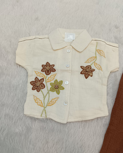 GIRLS SET CODE-A334 Girls Cream Floral Embroidered Shirt with Brown Wide-Leg Pants Set