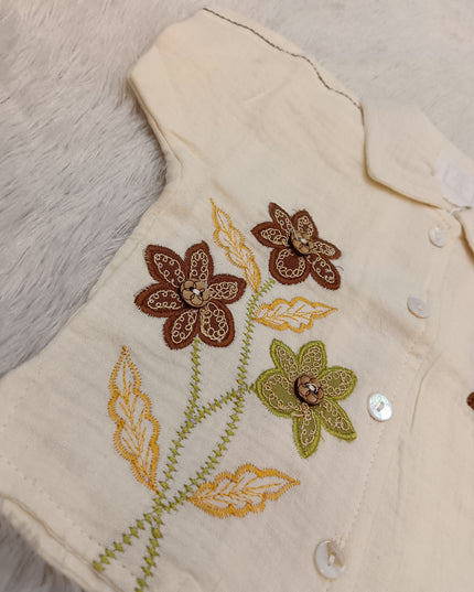 GIRLS SET CODE-A334 Girls Cream Floral Embroidered Shirt with Brown Wide-Leg Pants Set