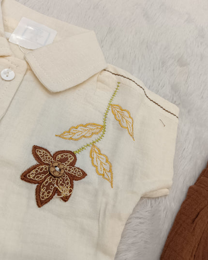 GIRLS SET CODE-A334 Girls Cream Floral Embroidered Shirt with Brown Wide-Leg Pants Set