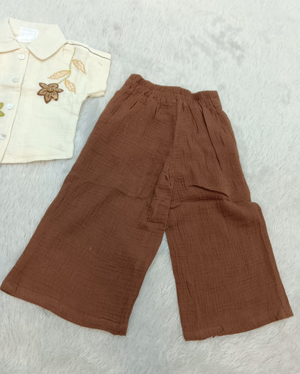 GIRLS SET CODE-A334 Girls Cream Floral Embroidered Shirt with Brown Wide-Leg Pants Set