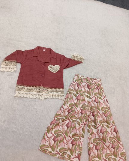 GIRLS PLAZO SET CODE-A312 Girls Floral Palazzo Set with Lace Detail Top | Stylish Co-Ord Set for Girls