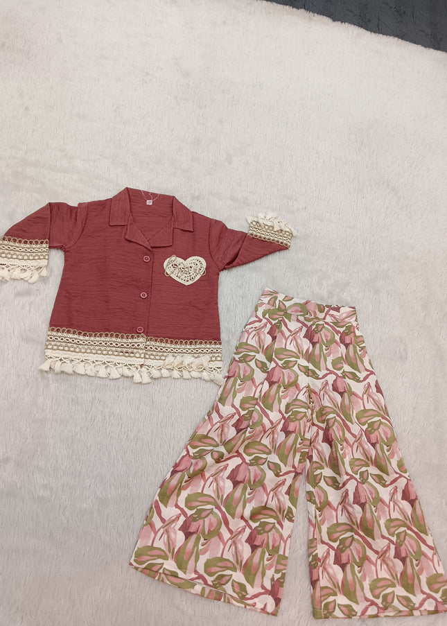 GIRLS PLAZO SET CODE-A312 Girls Floral Palazzo Set with Lace Detail Top | Stylish Co-Ord Set for Girls