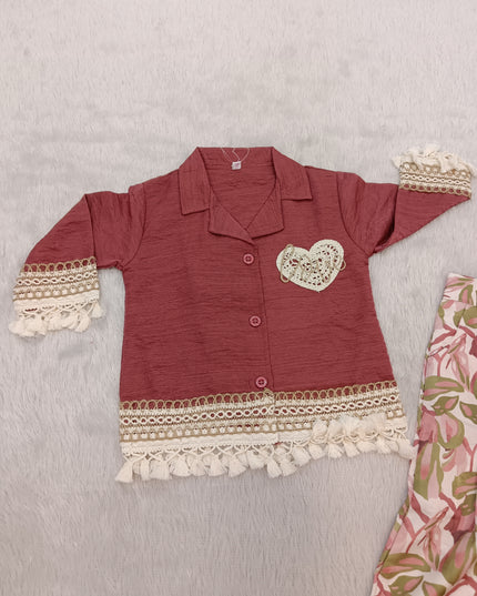 GIRLS PLAZO SET CODE-A312 Girls Floral Palazzo Set with Lace Detail Top | Stylish Co-Ord Set for Girls