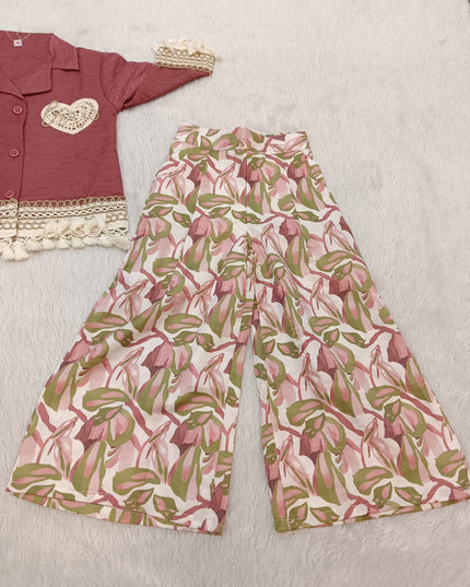 GIRLS PLAZO SET CODE-A312 Girls Floral Palazzo Set with Lace Detail Top | Stylish Co-Ord Set for Girls