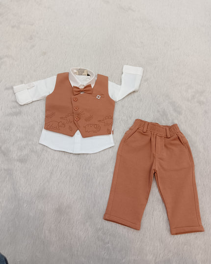BOYS SET CODE-A318 Baby Boy Dinosaur Print Waistcoat Set with White Shirt, Bow Tie & Trousers