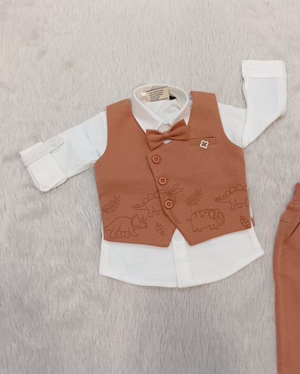 BOYS SET CODE-A318 Baby Boy Dinosaur Print Waistcoat Set with White Shirt, Bow Tie & Trousers