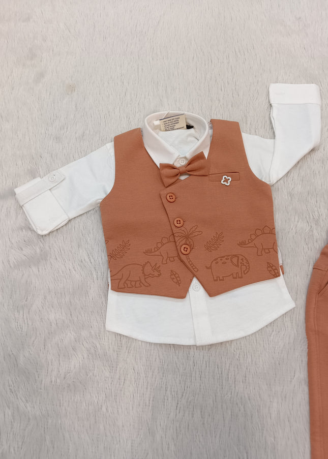BOYS SET CODE-A318 Baby Boy Dinosaur Print Waistcoat Set with White Shirt, Bow Tie & Trousers