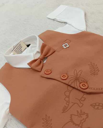 BOYS SET CODE-A318 Baby Boy Dinosaur Print Waistcoat Set with White Shirt, Bow Tie & Trousers