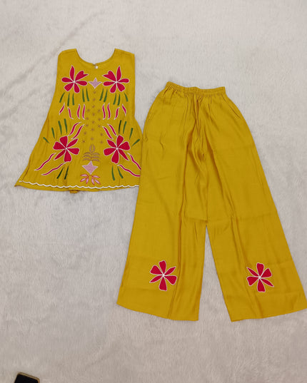 GIRL KURTI SET CODE-A315 Girls Yellow Floral Embroidered Kurta Palazzo Set | Stylish Ethnic Wear for Girls