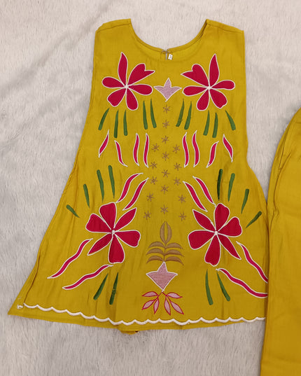 GIRL KURTI SET CODE-A315 Girls Yellow Floral Embroidered Kurta Palazzo Set | Stylish Ethnic Wear for Girls