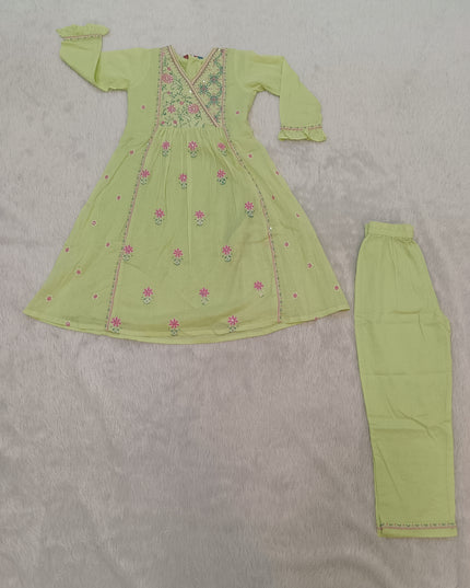 GIRLS KURTI SET CODE-A314 Girls Green Embroidered Kurta Pant Set | Floral Ethnic Wear for Girls