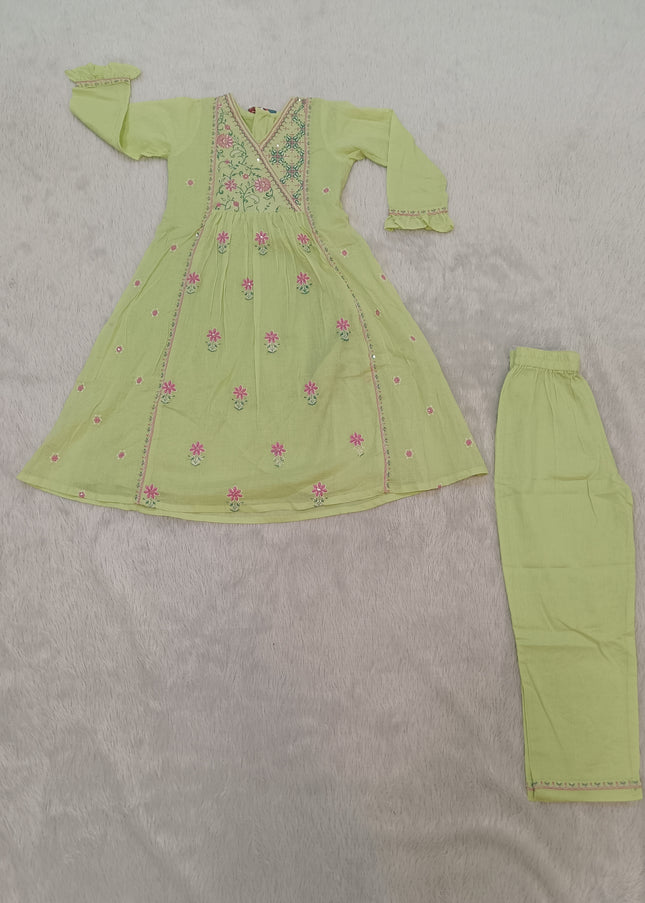 GIRLS KURTI SET CODE-A314 Girls Green Embroidered Kurta Pant Set | Floral Ethnic Wear for Girls