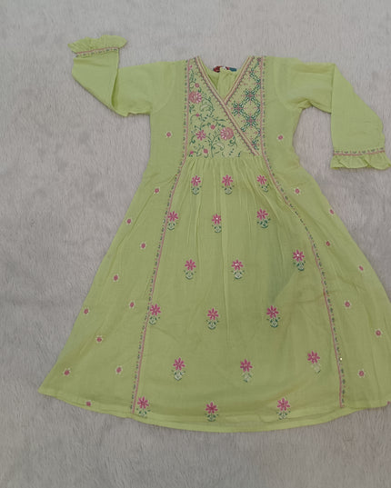 GIRLS KURTI SET CODE-A314 Girls Green Embroidered Kurta Pant Set | Floral Ethnic Wear for Girls
