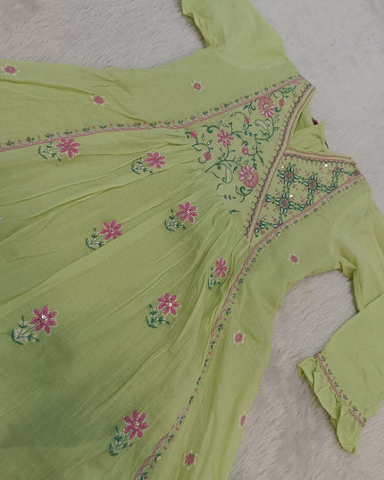 GIRLS KURTI SET CODE-A314 Girls Green Embroidered Kurta Pant Set | Floral Ethnic Wear for Girls