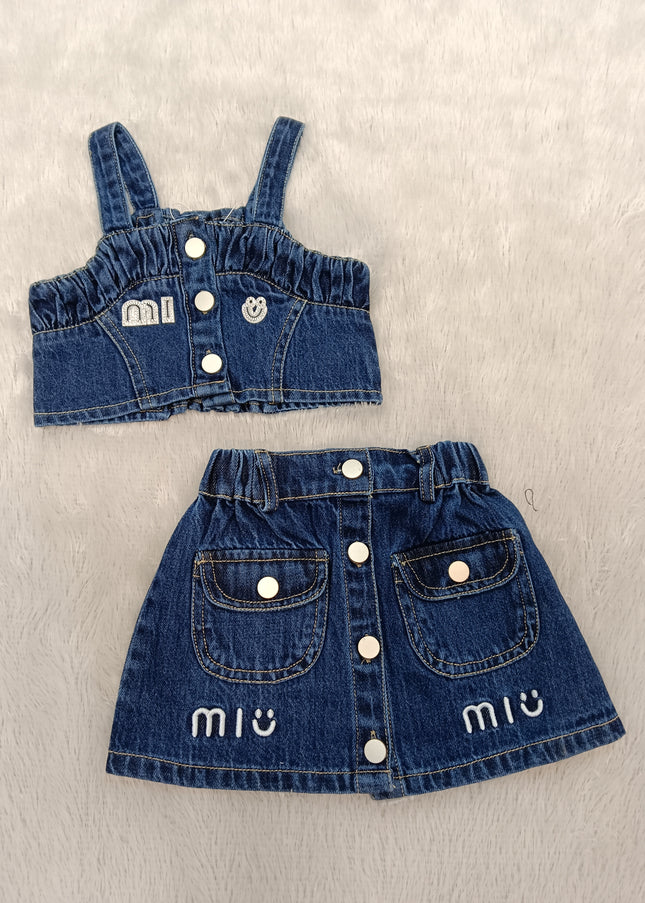 GIRLS SET CODE-A310 Girls Blue Denim Crop Top & Skirt Set | Stylish 2-Piece Outfit