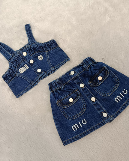 GIRLS SET CODE-A310 Girls Blue Denim Crop Top & Skirt Set | Stylish 2-Piece Outfit