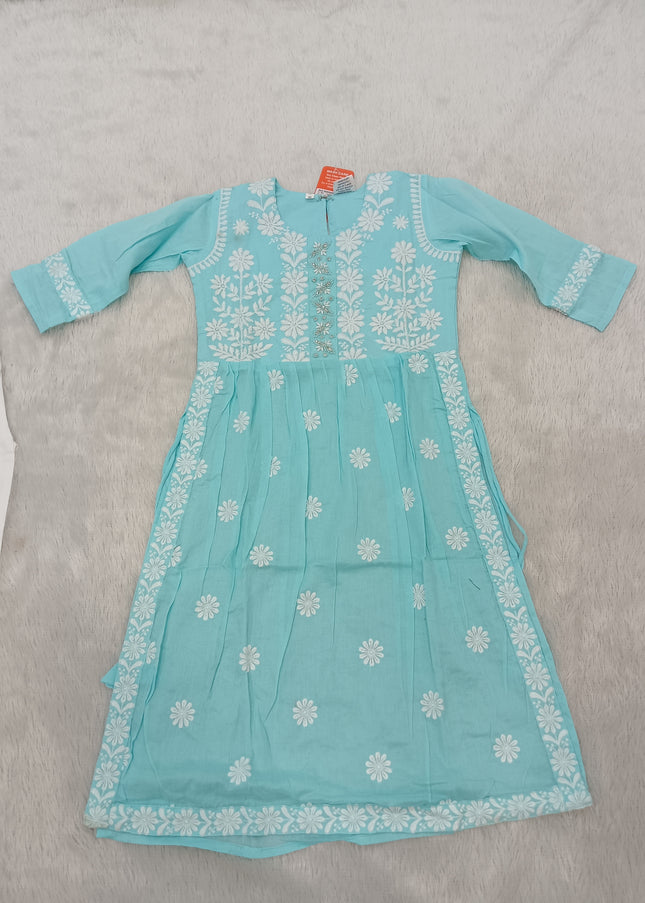 GIRLS KURTI SET CODE-A337 Girls Aqua Blue Embroidered Kurta Pant & Dupatta Set | Floral Ethnic Wear