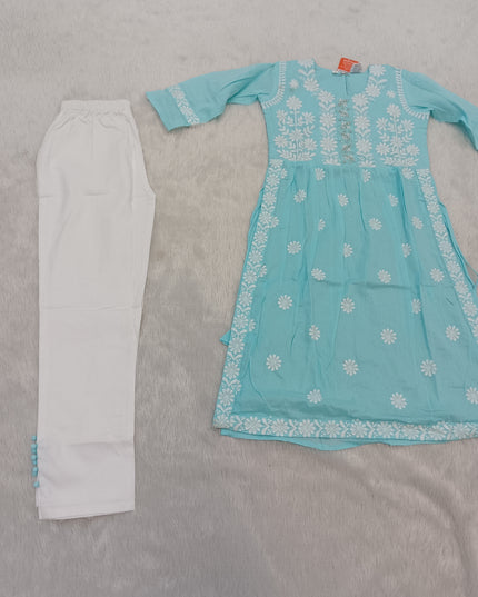 GIRLS KURTI SET CODE-A337 Girls Aqua Blue Embroidered Kurta Pant & Dupatta Set | Floral Ethnic Wear