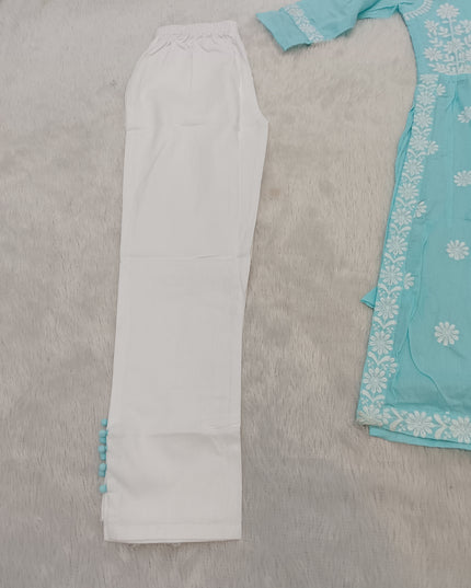 GIRLS KURTI SET CODE-A337 Girls Aqua Blue Embroidered Kurta Pant & Dupatta Set | Floral Ethnic Wear