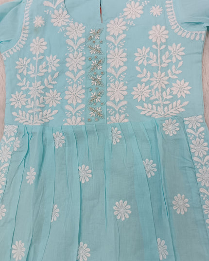 GIRLS KURTI SET CODE-A337 Girls Aqua Blue Embroidered Kurta Pant & Dupatta Set | Floral Ethnic Wear