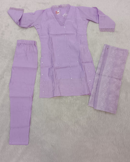 GIRLS KURTI SET CODE-A336 Girls Lavender Embroidered Kurta Pant Dupatta Set | Ethnic Wear