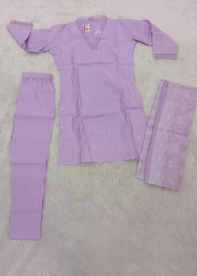 GIRLS KURTI SET CODE-A336 Girls Lavender Embroidered Kurta Pant Dupatta Set | Ethnic Wear