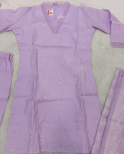 GIRLS KURTI SET CODE-A336 Girls Lavender Embroidered Kurta Pant Dupatta Set | Ethnic Wear