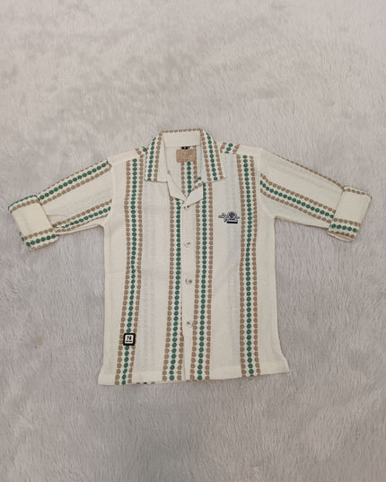 BOYS SHIRT CODE-A339 Boys Cream & Green Striped Full Sleeve Casual Shirt | Stylish Kids Cotton Shirt