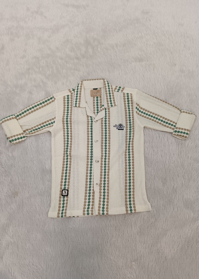 BOYS SHIRT CODE-A339 Boys Cream & Green Striped Full Sleeve Casual Shirt | Stylish Kids Cotton Shirt