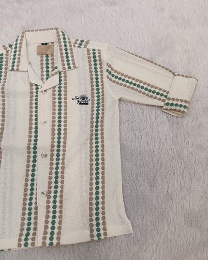 BOYS SHIRT CODE-A339 Boys Cream & Green Striped Full Sleeve Casual Shirt | Stylish Kids Cotton Shirt