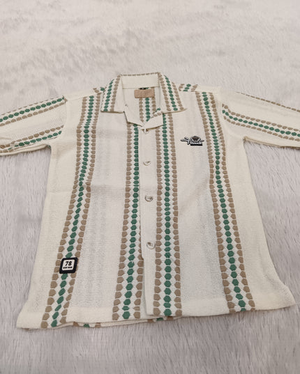 BOYS SHIRT CODE-A339 Boys Cream & Green Striped Full Sleeve Casual Shirt | Stylish Kids Cotton Shirt