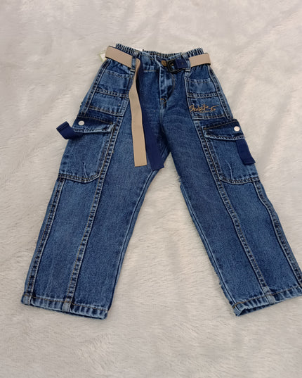 BOYS JEANS CODE-A340 Boys Blue Denim Cargo Jeans with Belt | Stylish Utility Pocket Jeans