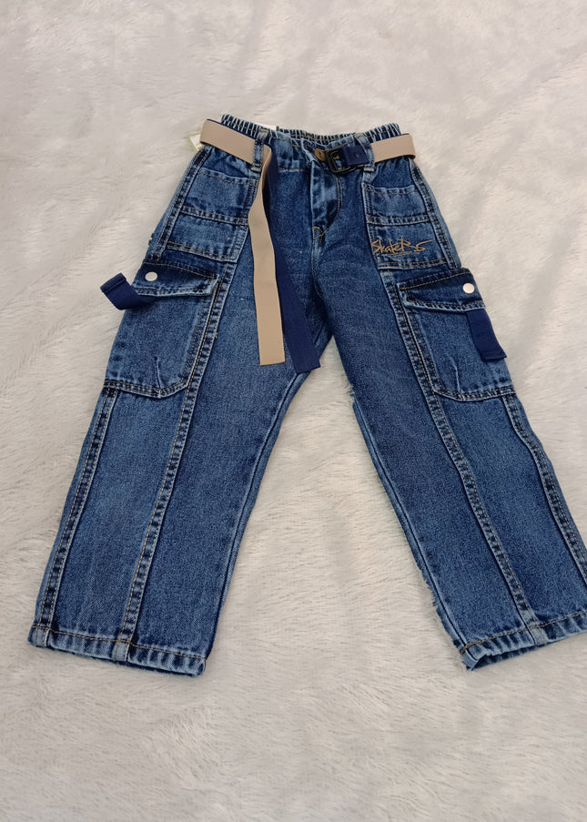BOYS JEANS CODE-A340 Boys Blue Denim Cargo Jeans with Belt | Stylish Utility Pocket Jeans