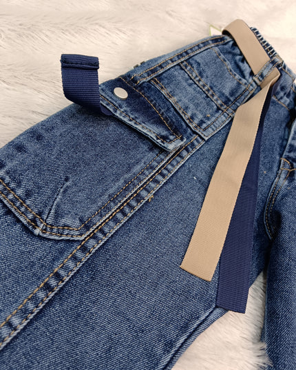 BOYS JEANS CODE-A340 Boys Blue Denim Cargo Jeans with Belt | Stylish Utility Pocket Jeans