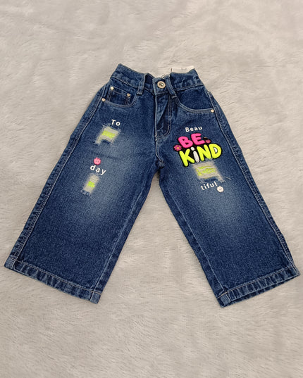 GIRLS JEANS CODE-A367 Girls Wide Leg Denim Jeans with Printed Graphic Design | He And She